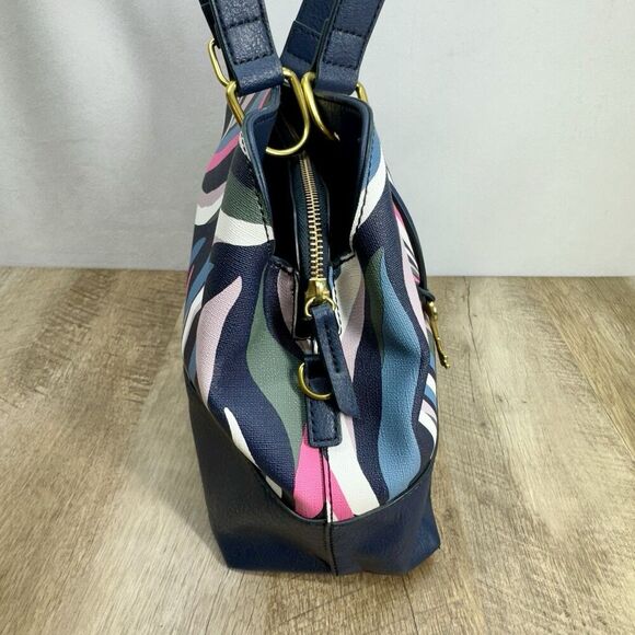 Fossil Lane Satchel Handbag Sea Pink Zebra Stripe Double Handle Zipper Pockets - Picture 6 of 16